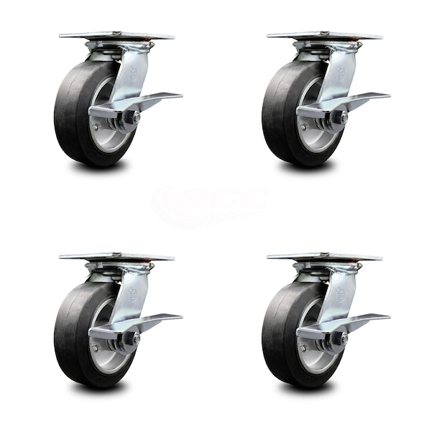 Service Caster 6 Inch Heavy Duty Rubber on Aluminum Caster Set with Roller Bearings and Brakes SCC-35S620-RAR-SLB-4 - main